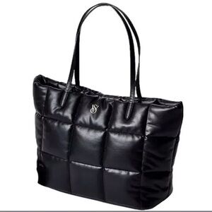 Victoria's Secret Quilted Tote In Black Puffer Duffle LEATHER Toe Bag